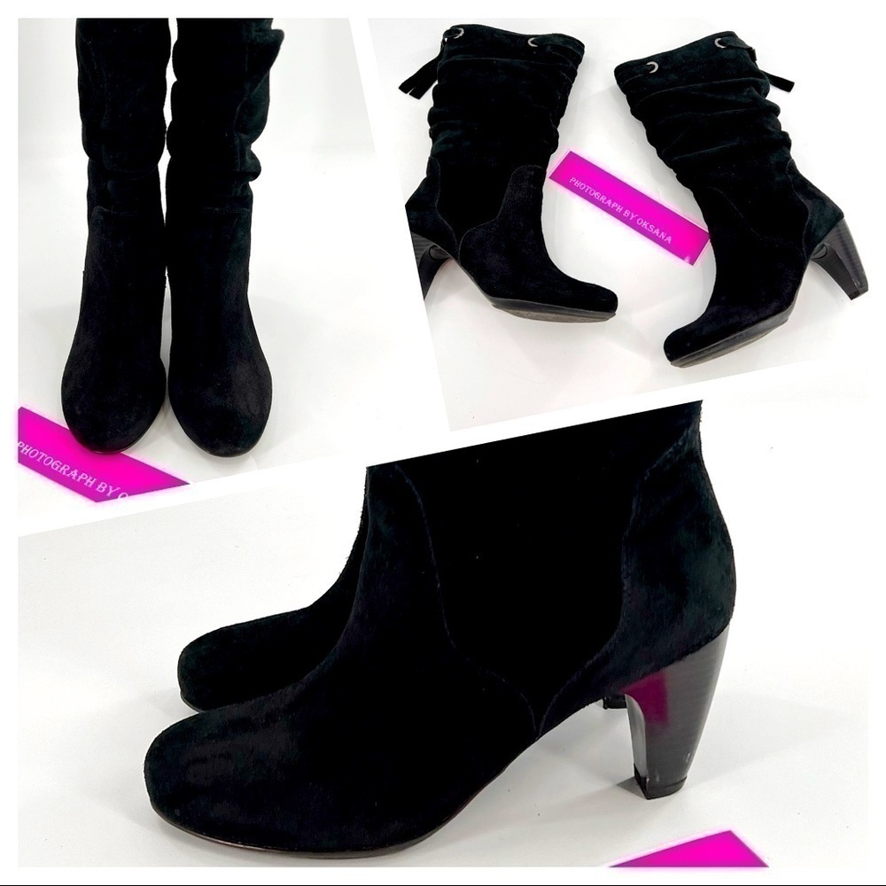 Connie Women's 9.5 M Black Suede Leather Mid Calf Knee High Heels Boots CHLOE